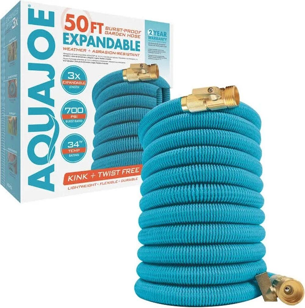 Aqua Joe Expandable Kink Twist Free Garden Hose 5/8" 50 Ft Brass Control Valve